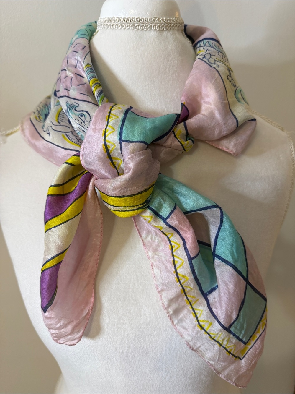 Vintage, Silk  Pastel Pink & Aqua Printed Women's Scarf